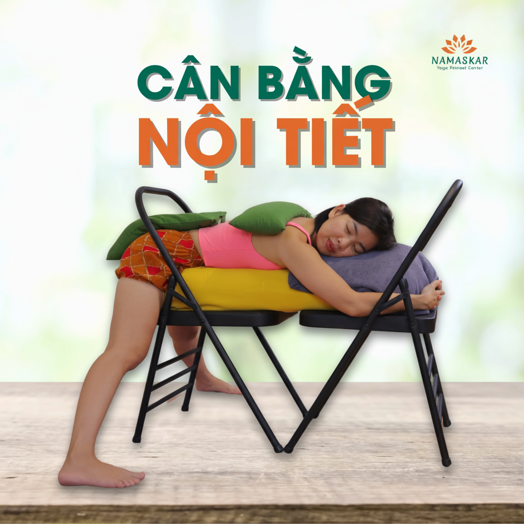 Học viên nữ thực hành tư thế yoga thích ứng phục hồi với ghế hỗ trợ và gối bolster tại phòng tập Namaskar TP.HCM – chương trình sức khỏe nữ giới